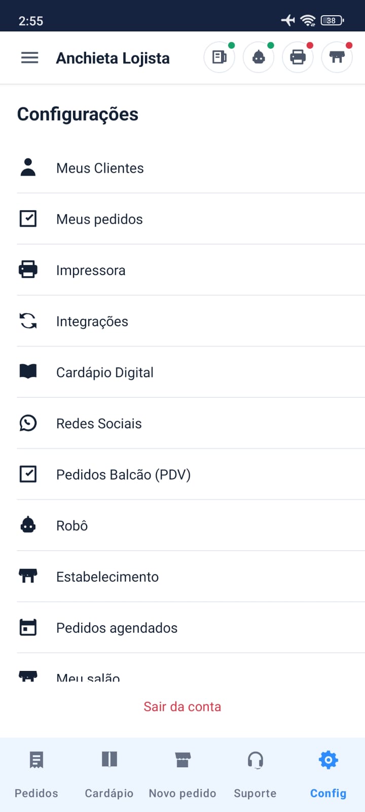 Captura real das ferramentas disponíveis no aplicativo Pedit Lojista