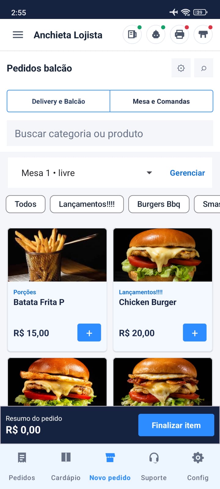 Tela real do Pedit Lojista com produtos, pedidos de balcão e mesas